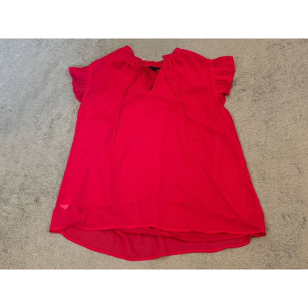 Ann Taylor Factory Pink Ruffle Neck Flutter Sleeve Chiffon Blouse XL RN77379
